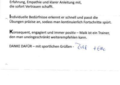 Teilnehmerpaar berichtet über die professionelle Betreuung durch Maik Endler