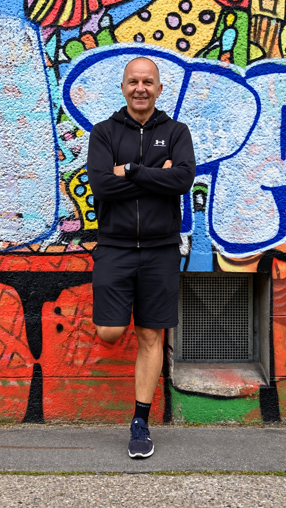 Lächelnder Mann vor farbenfroher Graffitiwand
